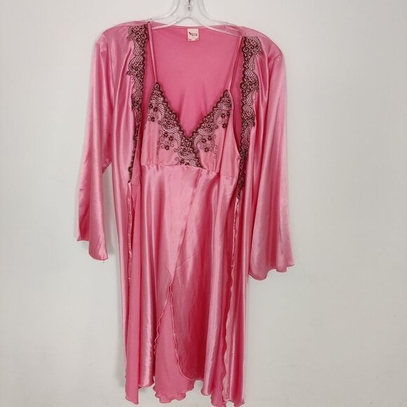 Fenni Women's Satin Nightgown Babydoll Dress and Robe in Pink Lace Romantic - Picture 1 of 17